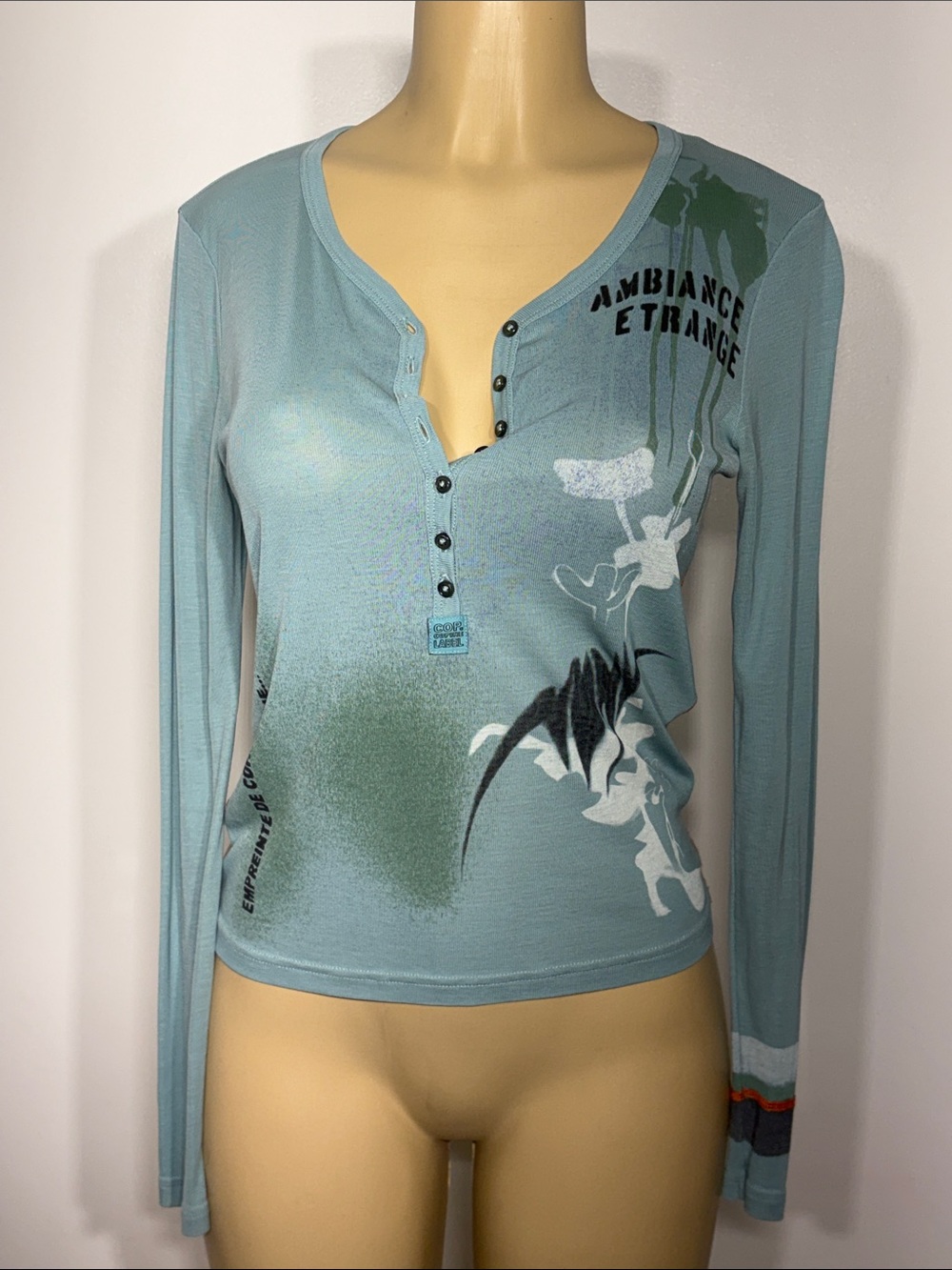 * Vintage Rare Cop.Copine Seafoam Green Graphic Long-Sleeve Henley
